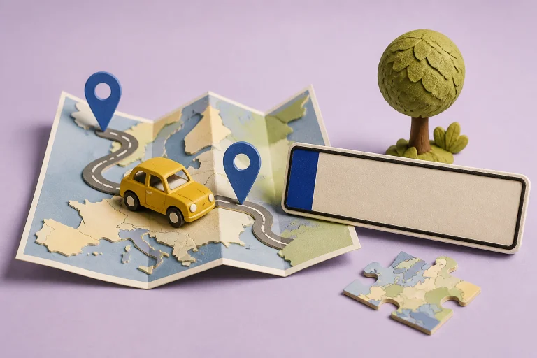 Illustration for Skąd ta blacha?: a toy car on a map of Europe with location pins, a blank number plate and a puzzle piece