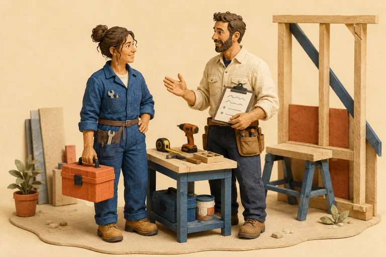 Illustration for FachLink: a tradeswoman with a toolbox and a contractor with a clipboard talk next to a workbench