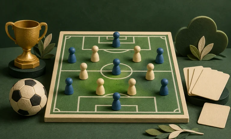 Illustration for 34:0: a tactics board with a football formation, a gold trophy, a ball and player cards