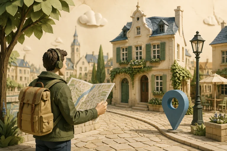 Illustration for GuideX: a traveller with headphones reads a city map on a cobbled old-town street beside a map pin