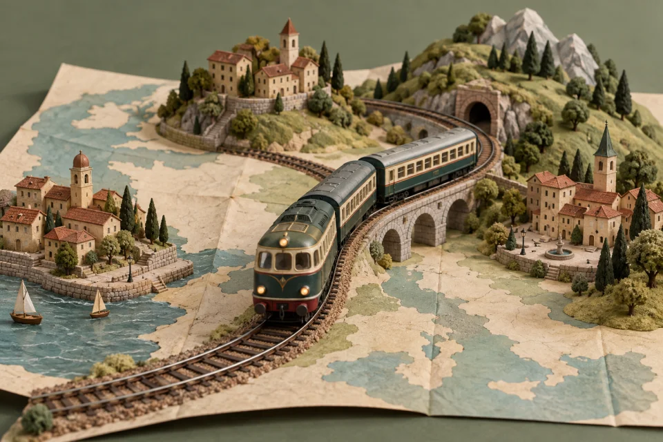 Illustration for Next Stop: Europe: a train crosses a viaduct on a miniature railway built over a map of Europe