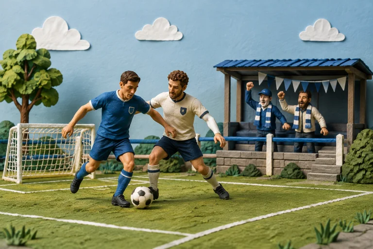 Illustration for Piłka Lokalna: two players contest the ball on a local football pitch as fans cheer from a small stand