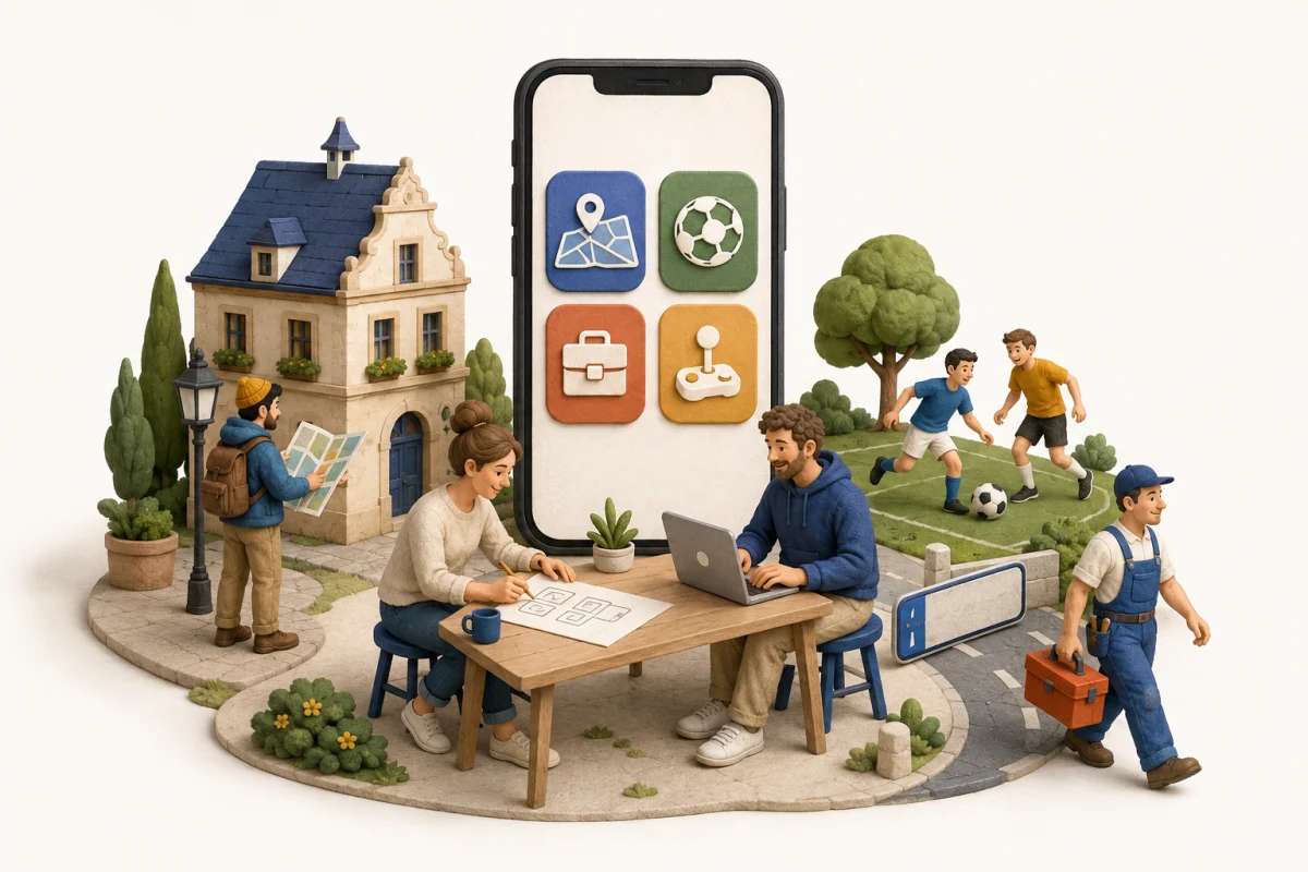 Ilustracja małego studia tworzącego aplikacje do podróży, piłki nożnej, pracy i rozrywki.