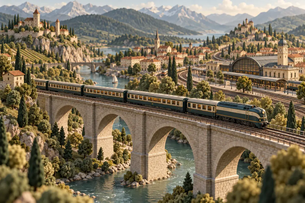 Miniature train crossing a stone viaduct in a European landscape